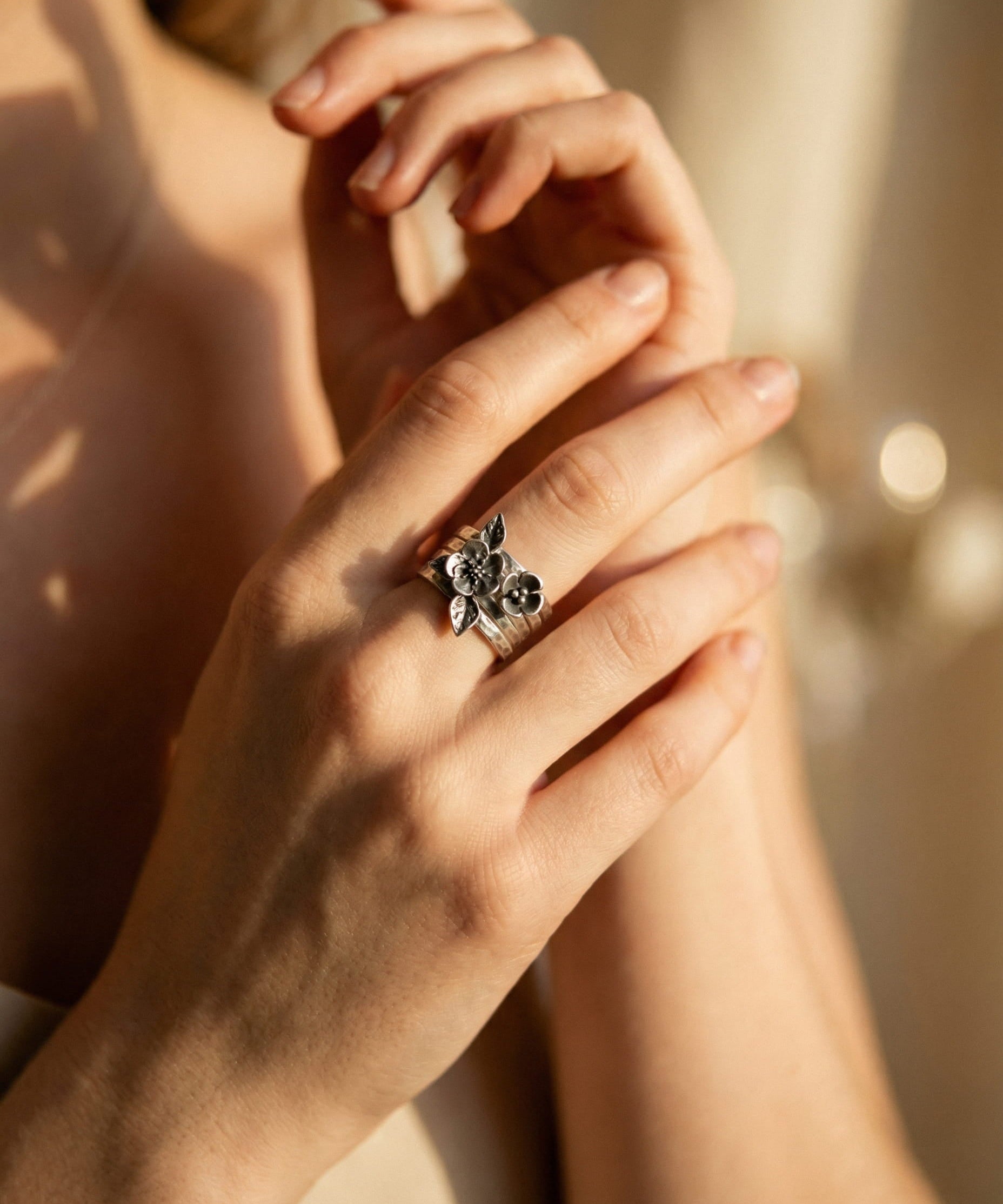 Vintage Layered Silver Flower Ring