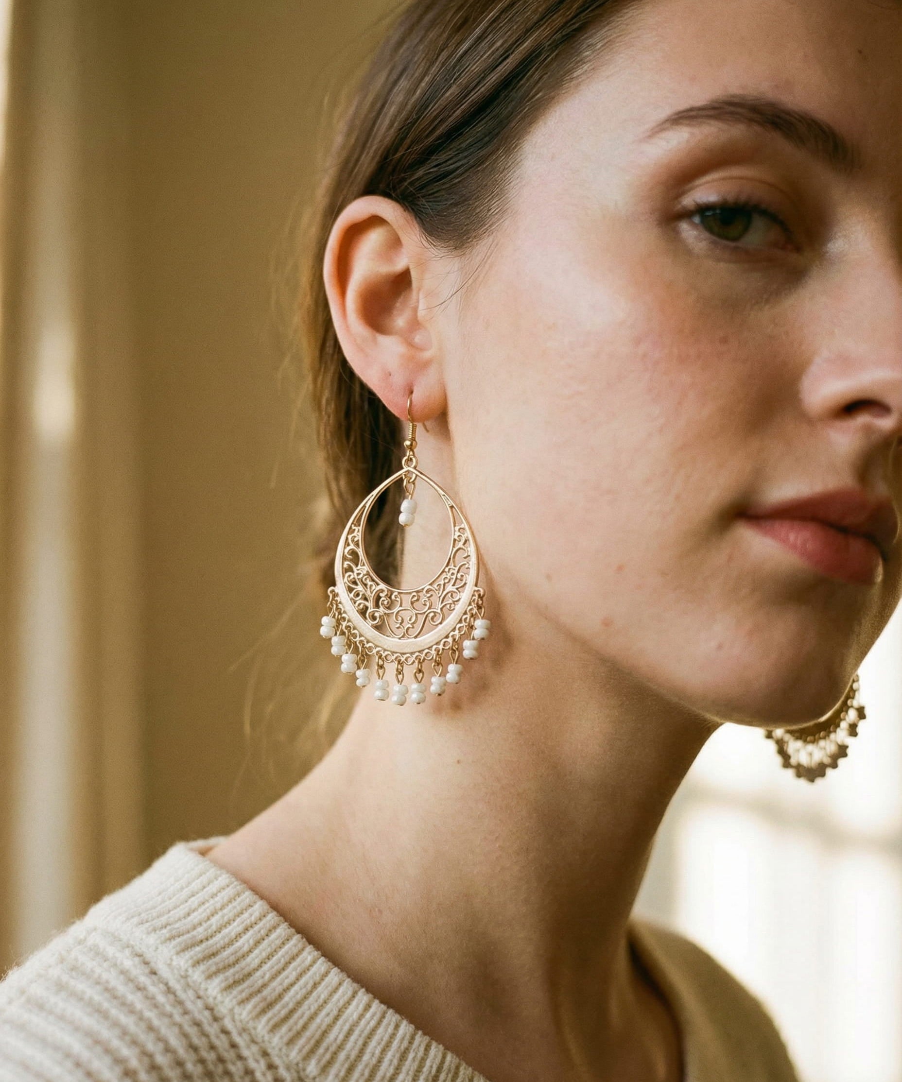 Timeless White Bead Mandala Earrings