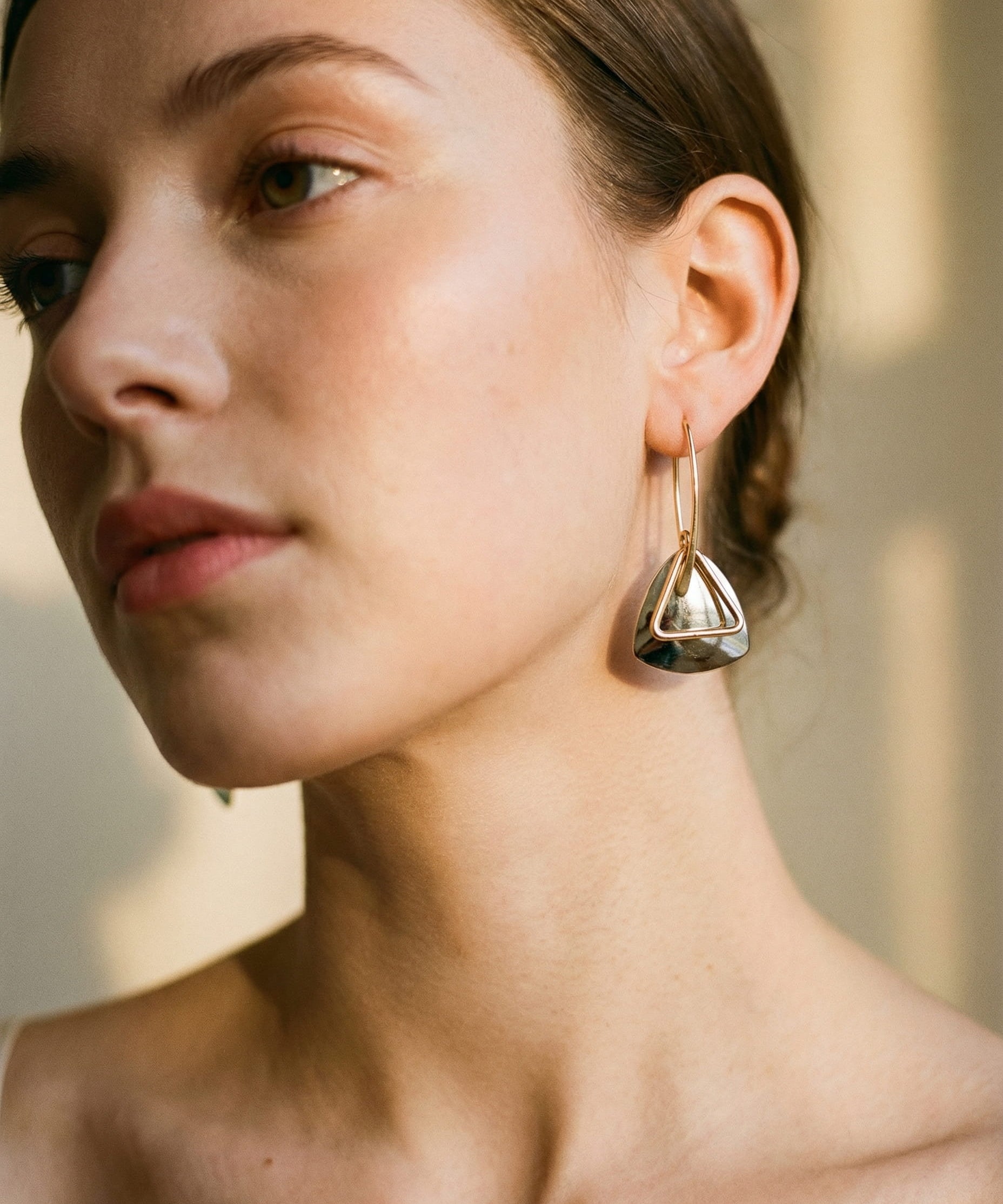 Retro Silver Triangular Pendant and Curved Hook Earrings