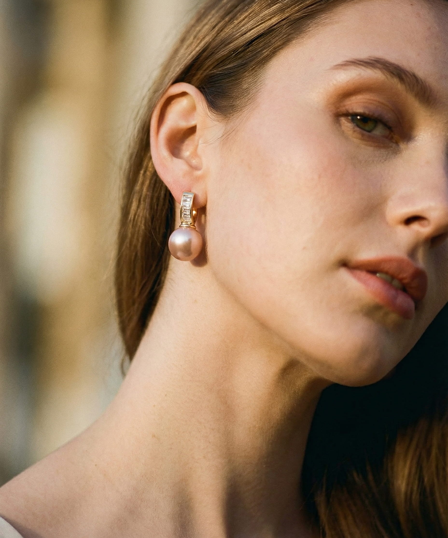 Gold Earrings with Pink Pearl and Cubic Zirconia