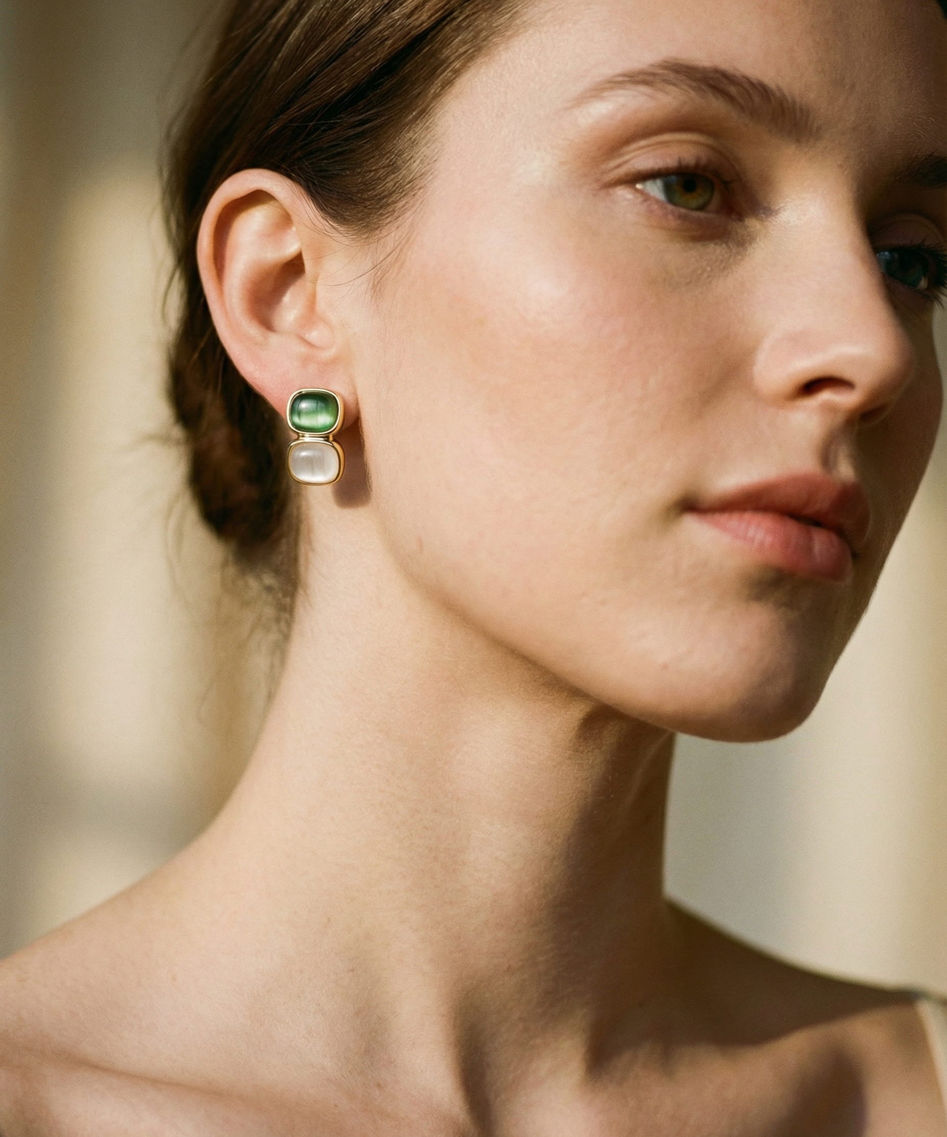 Elegant White and Green Stone Gold Earrings