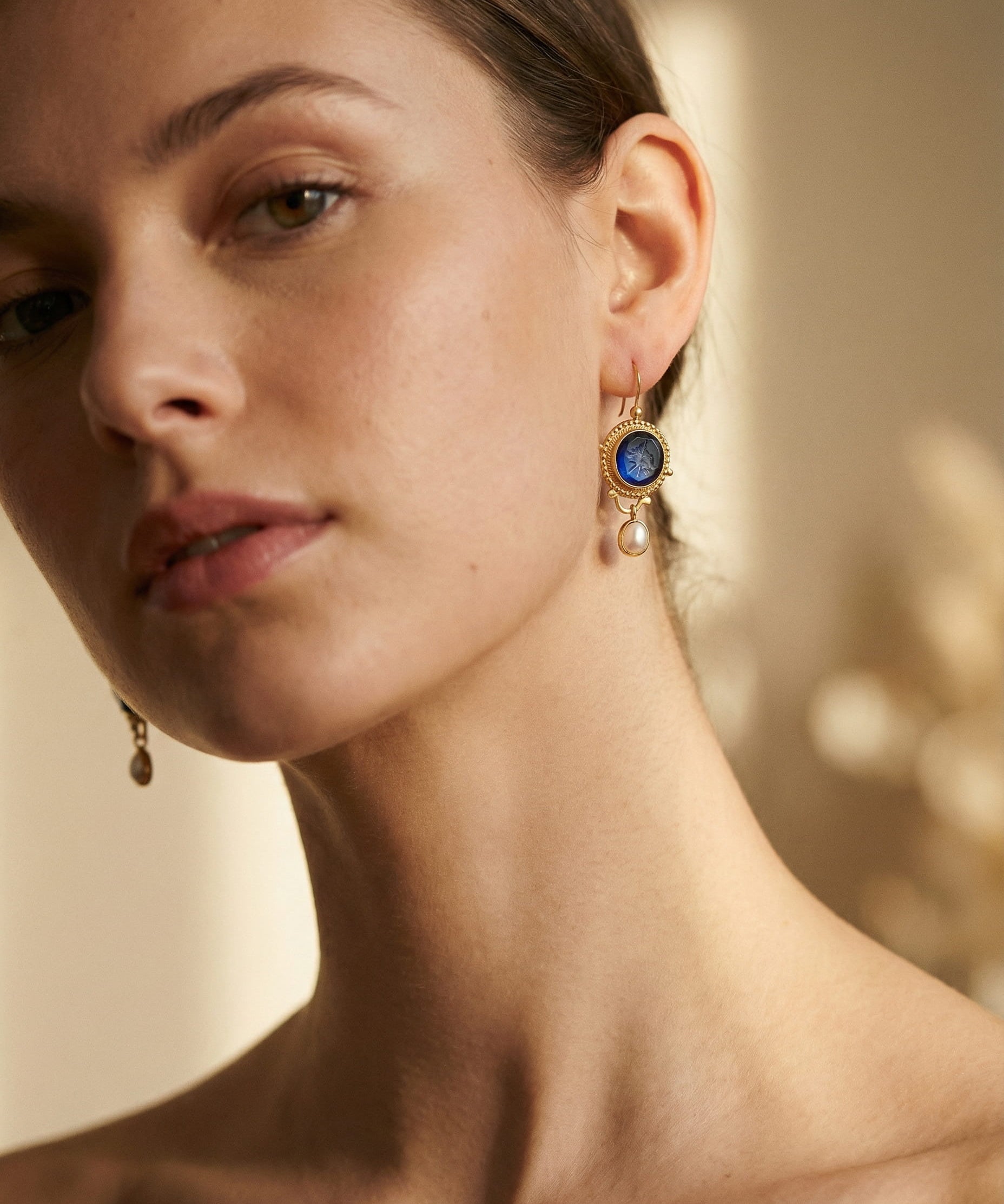 Vintage Gold Earrings with Blue Pearls