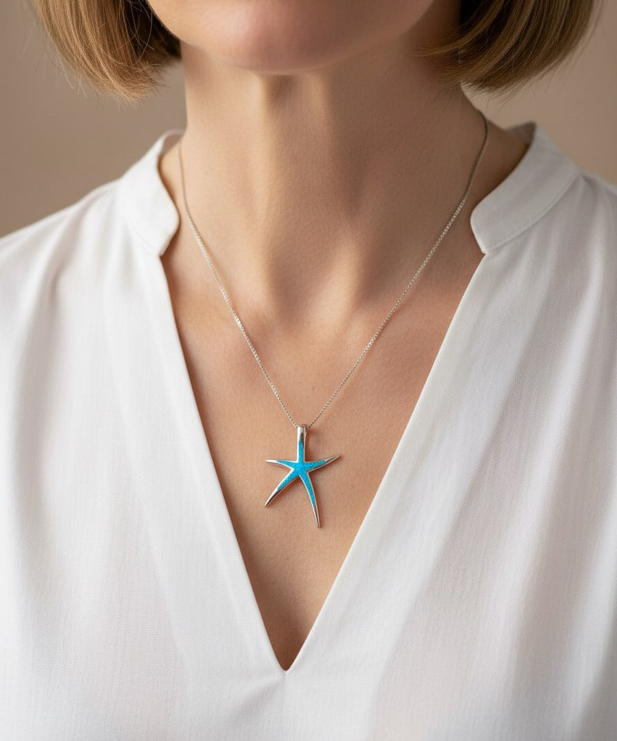 Blue Opal and Silver Starfish Necklace