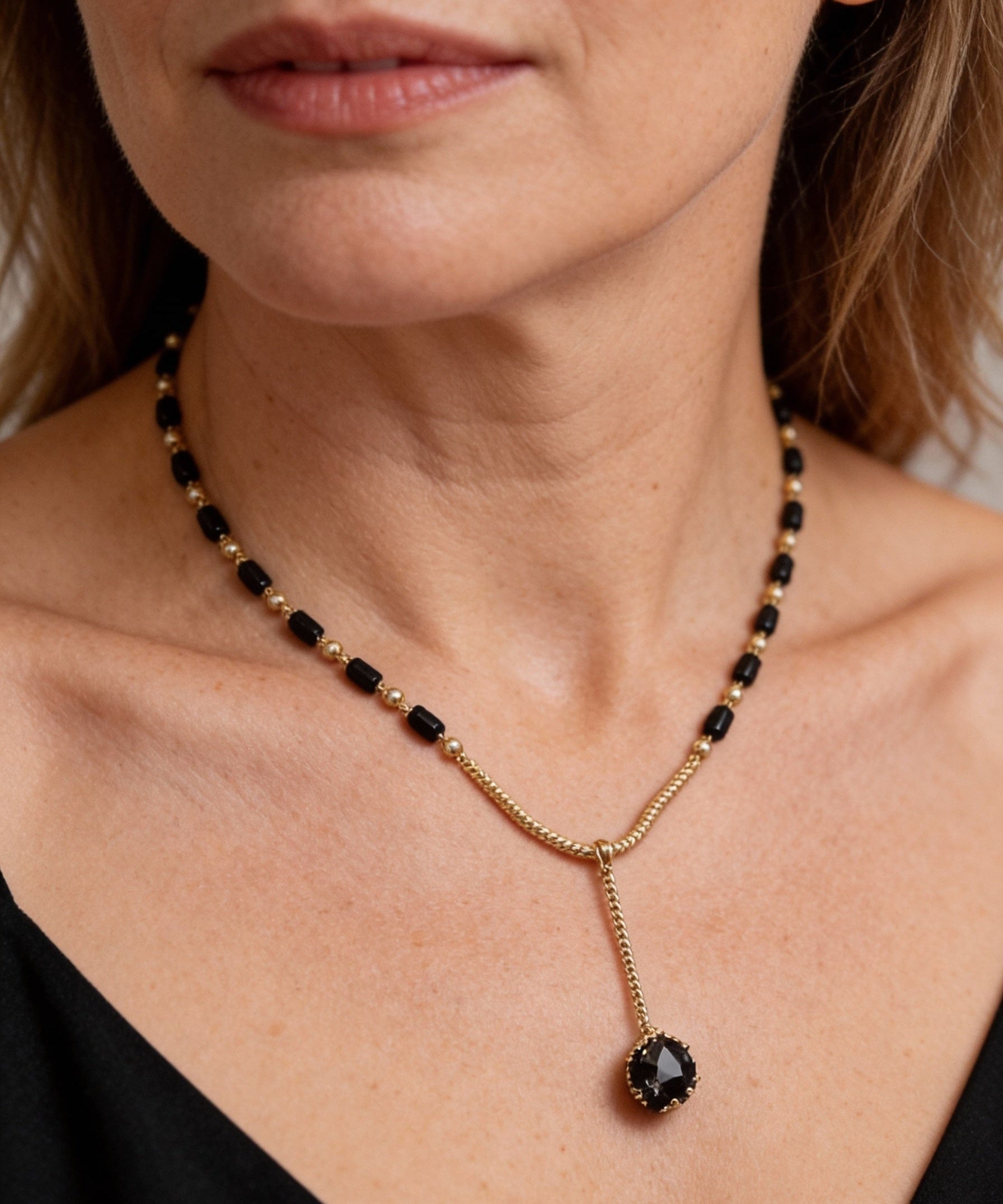 Vintage Black Bead Necklace with Droplet Pendant