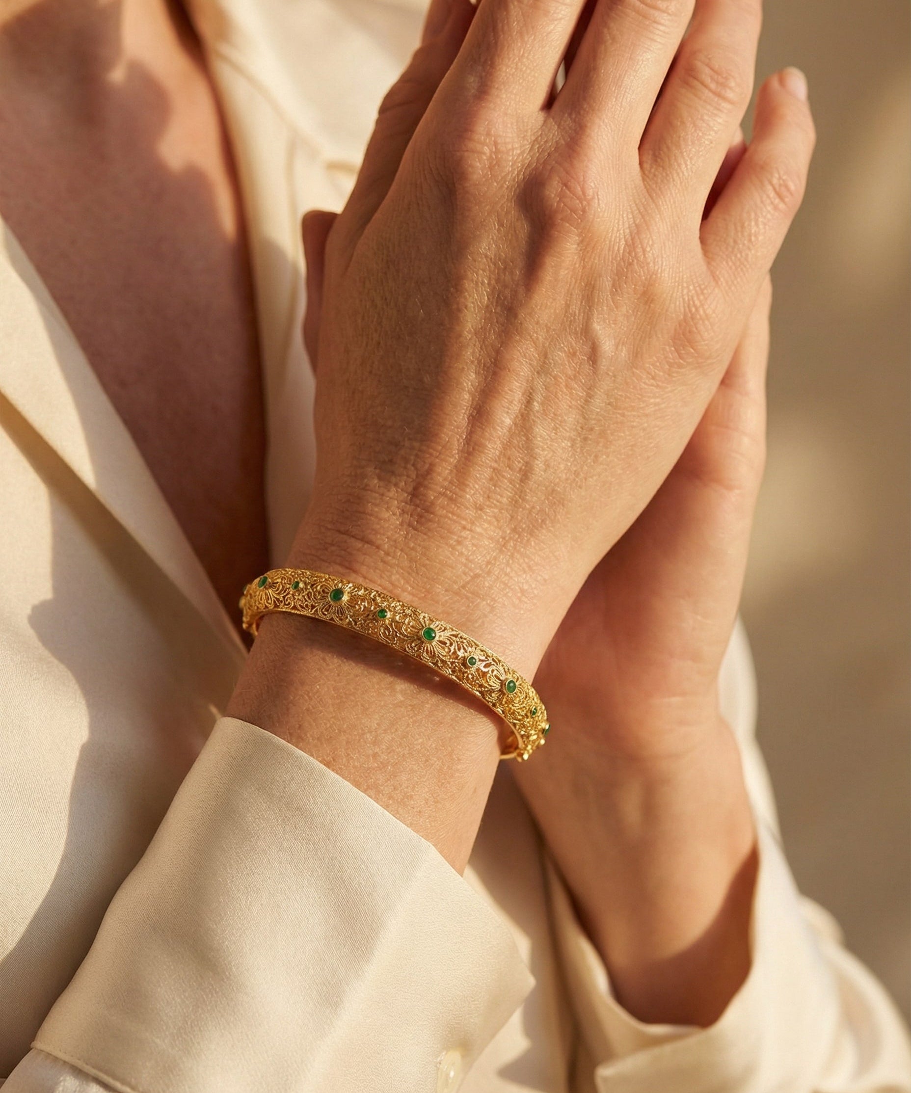 Ethnic Style Gold Green Gemstone Bangle with Floral Pattern