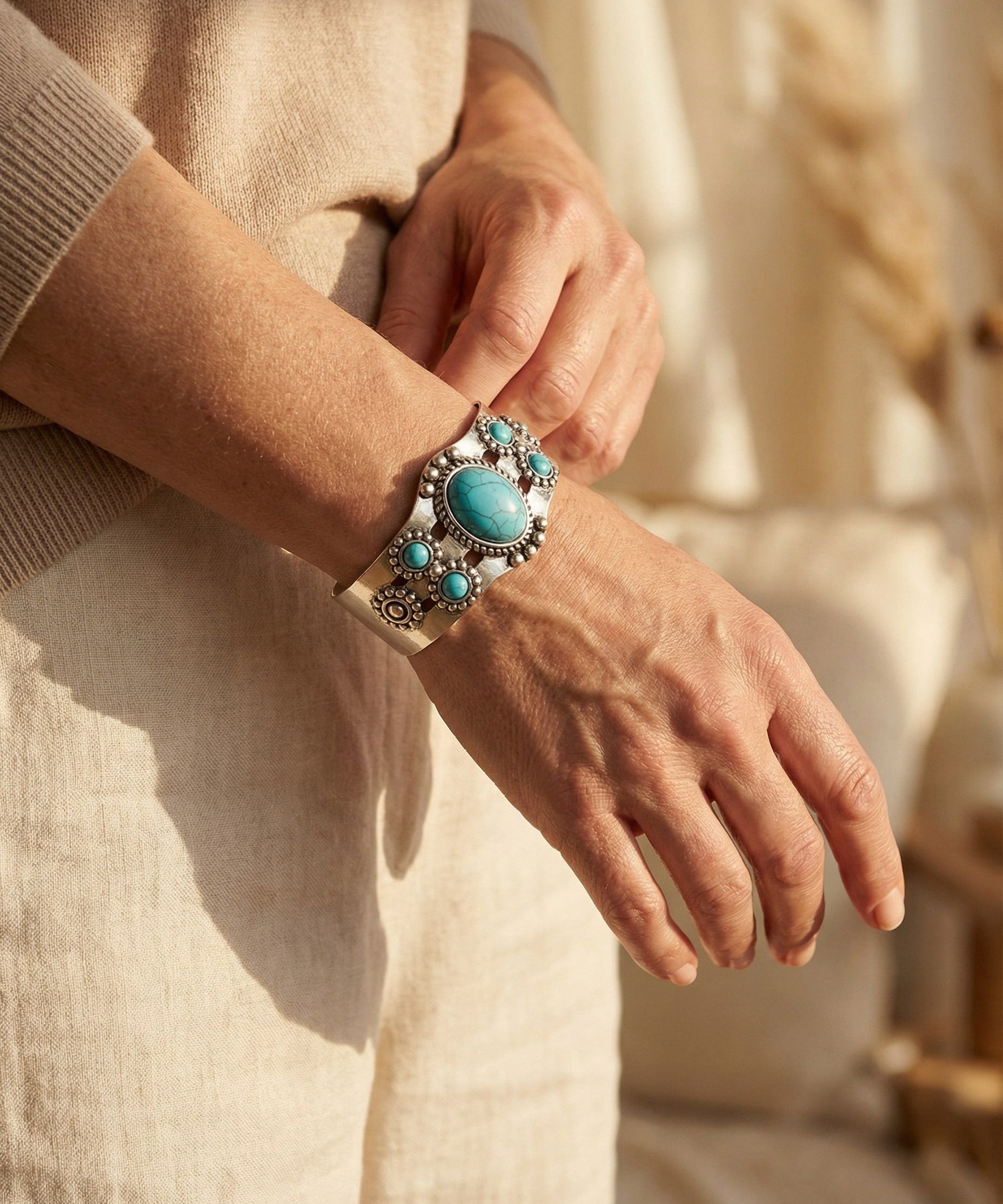 Vintage Open Adjustable Silver and Turquoise Bracelet