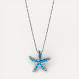 Silver Brilliant Blue Starfish and Opal Necklace
