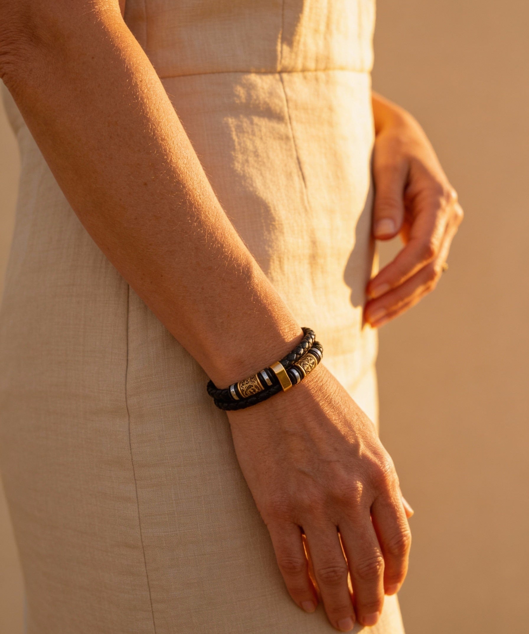 Braided Black Leather Bracelet with Gold Charm